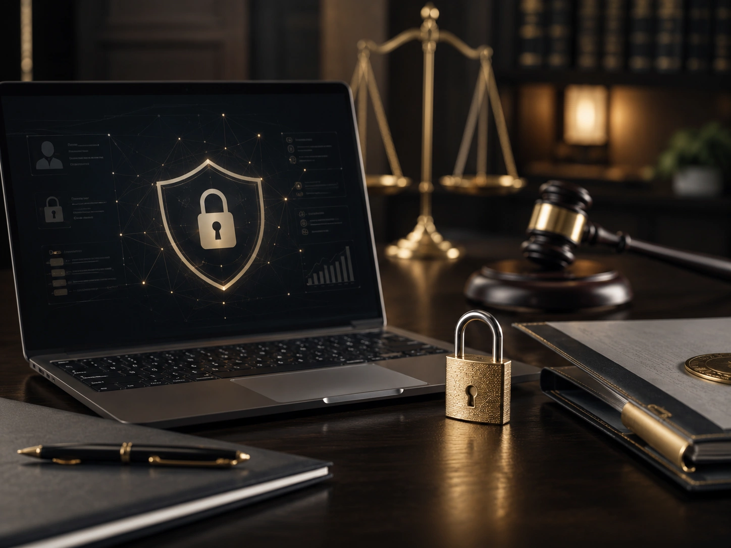 cybersecurity law firm california dijulio law group Cybersecurity and data privacy law in California with laptop, digital security lock, legal documents, and justice scales for technology disputes | DiJulio Law Group