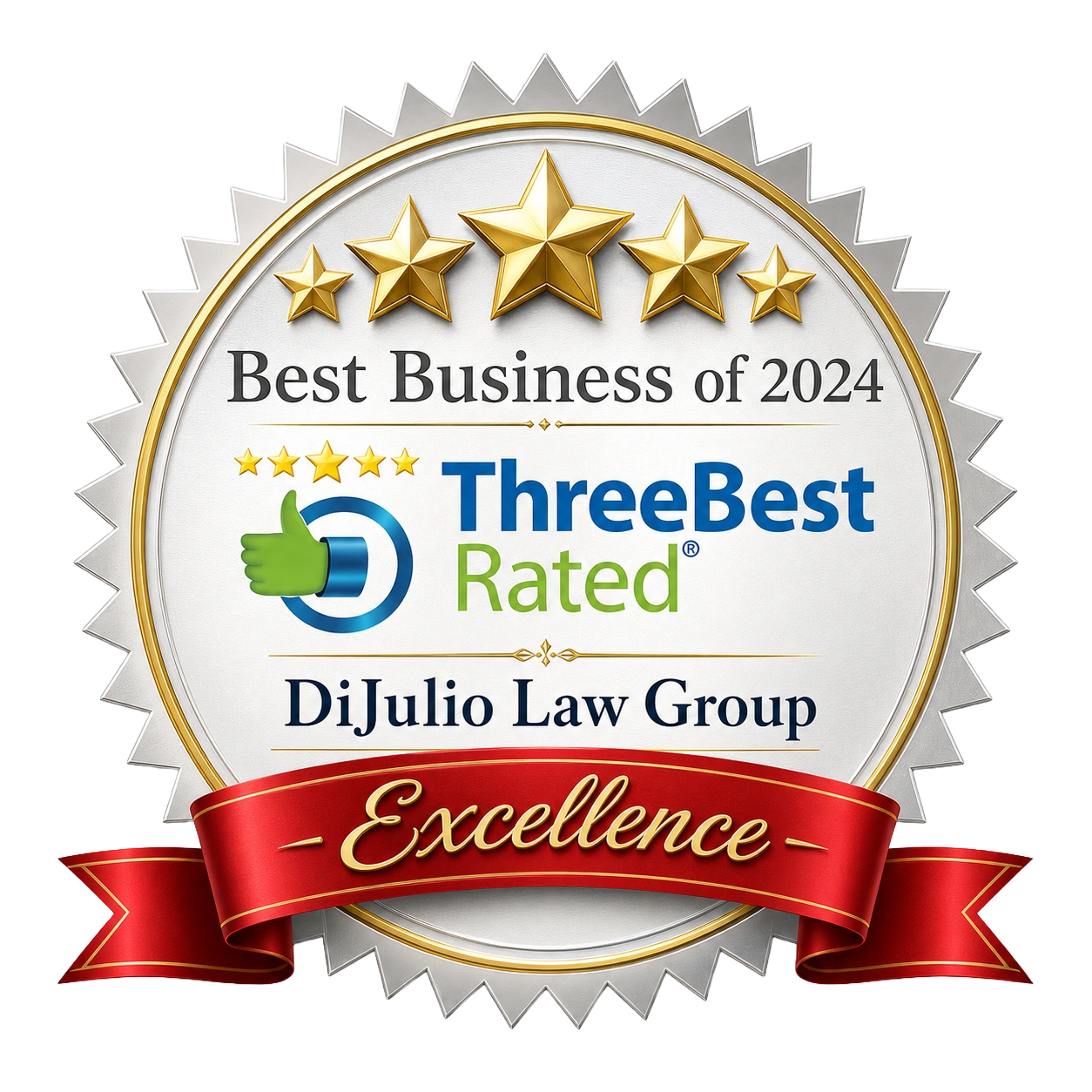 DiJulio Law Group Best Business of 2024 ThreeBest Rated Excellence award for Southern California real estate, construction, property, and immigration attorneys