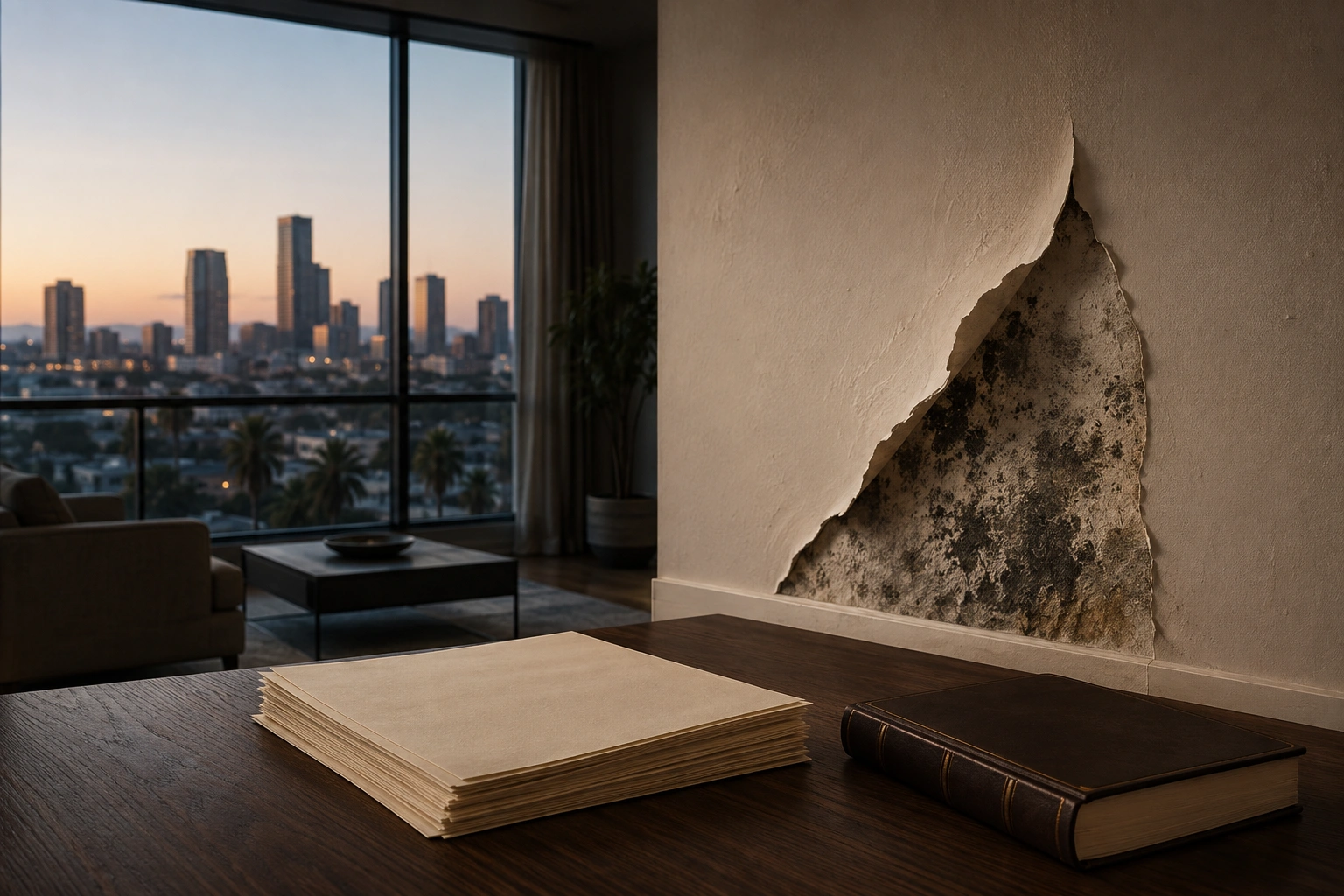 california-mold-disclosure-transfer-disclosure-statement Water-stained drywall behind a removed section of wall, the concealed condition at issue in mold nondisclosure claims