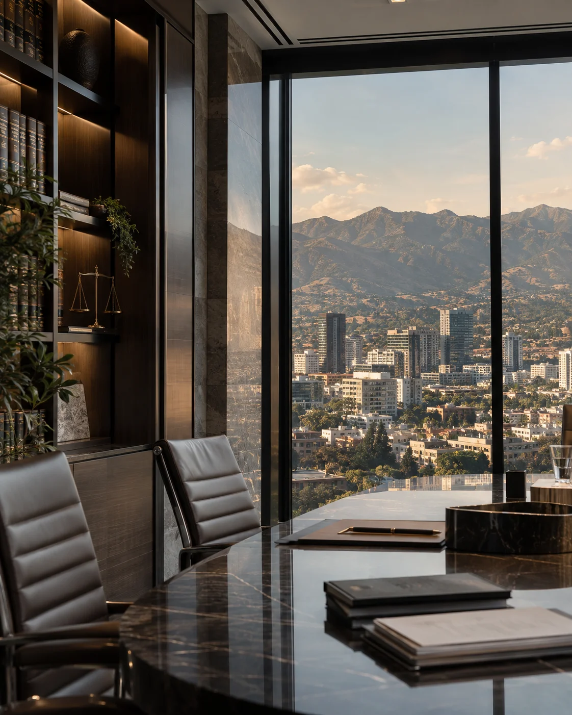 Law office conference room overlooking the Glendale skyline and the San Gabriel Mountains