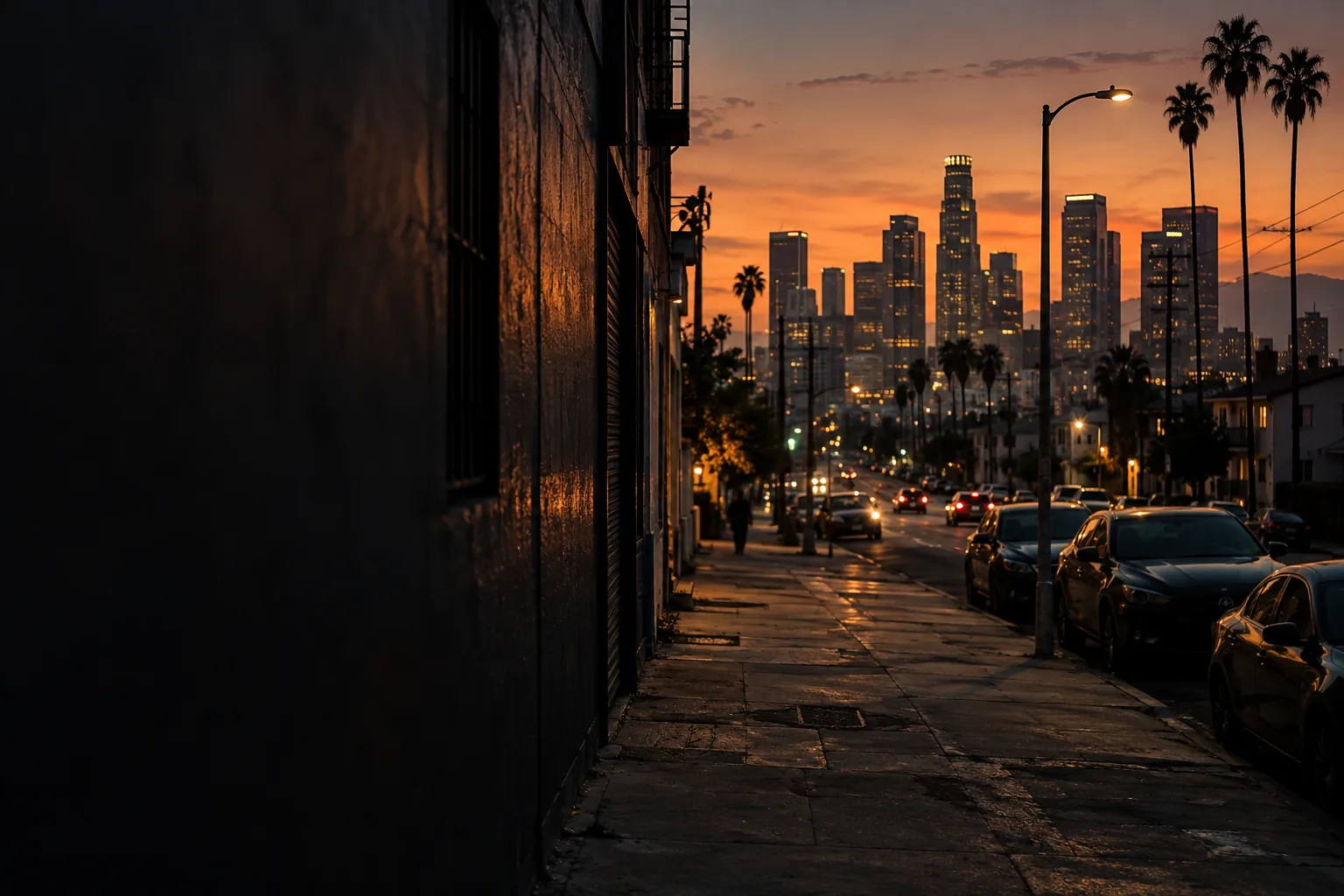 Downtown Los Angeles office towers lit at dusk, seen from a quiet side street lined with palm trees