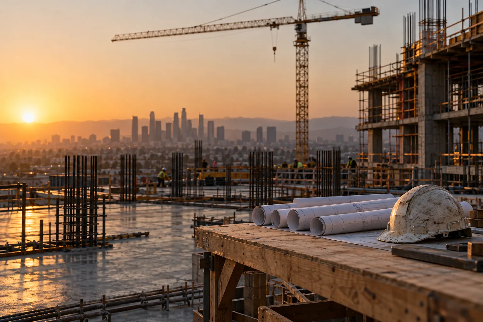 Rolled drawings and a hard hat on a plywood table at a Los Angeles construction site, with rebar, a tower crane, and the downtown skyline at sunset