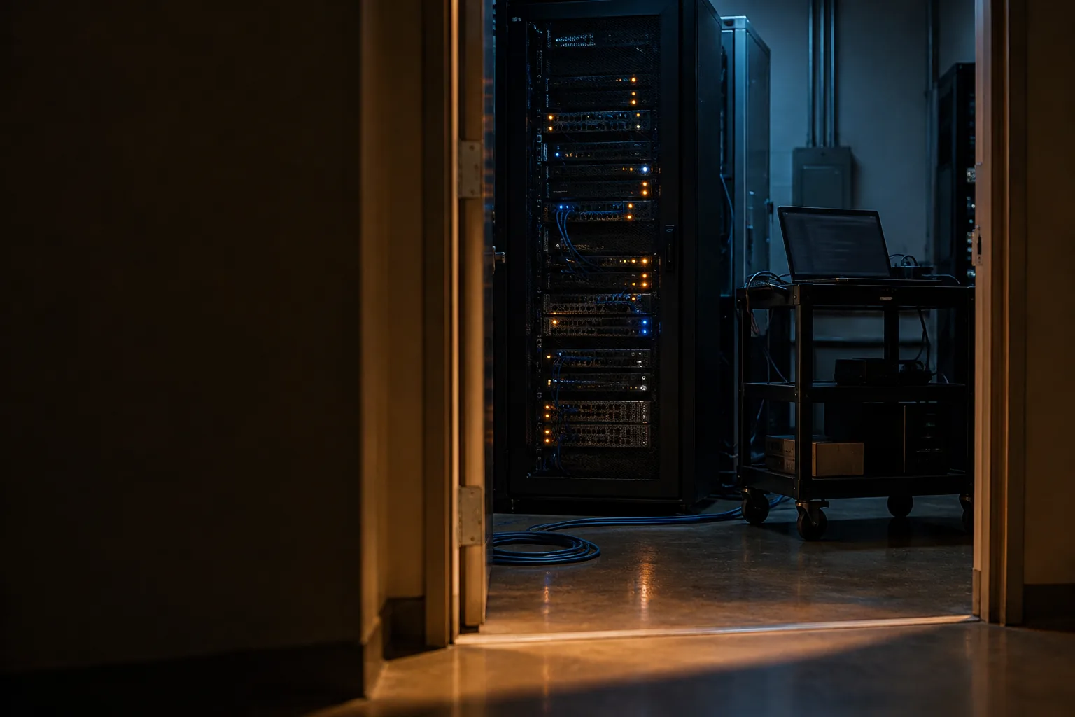 Dark server room seen through an open doorway, with amber and blue status lights on a rack and a laptop on a cart