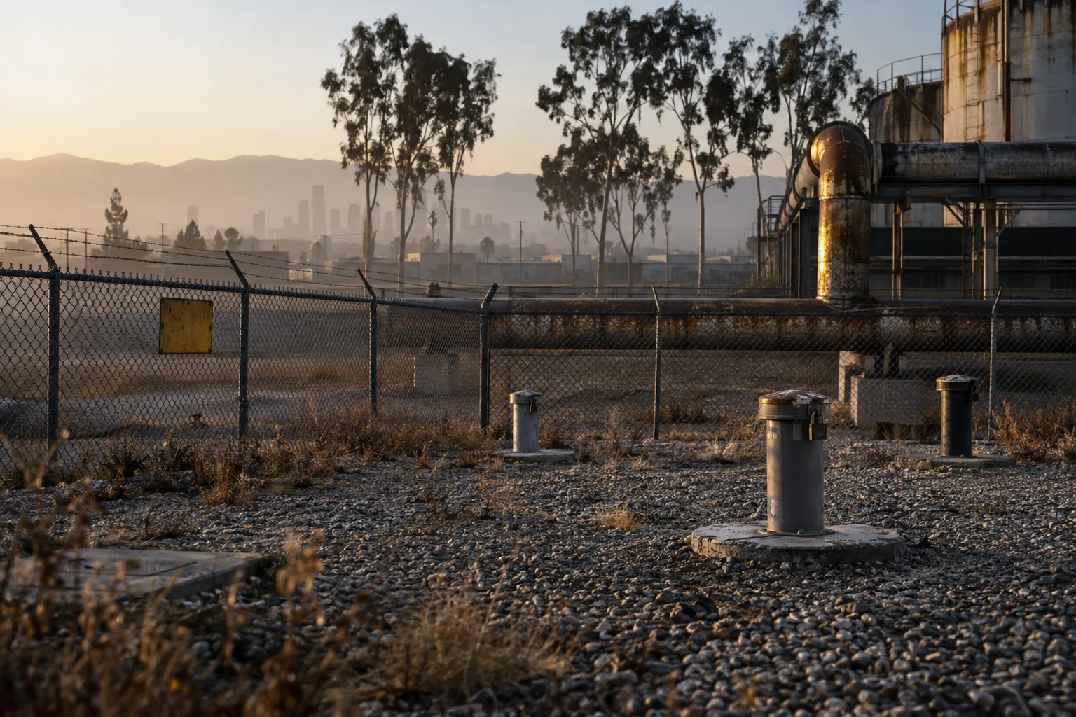 Capped groundwater monitoring wells behind a chain-link fence at an industrial site near Los Angeles, with rusted pipes and eucalyptus trees in morning haze
