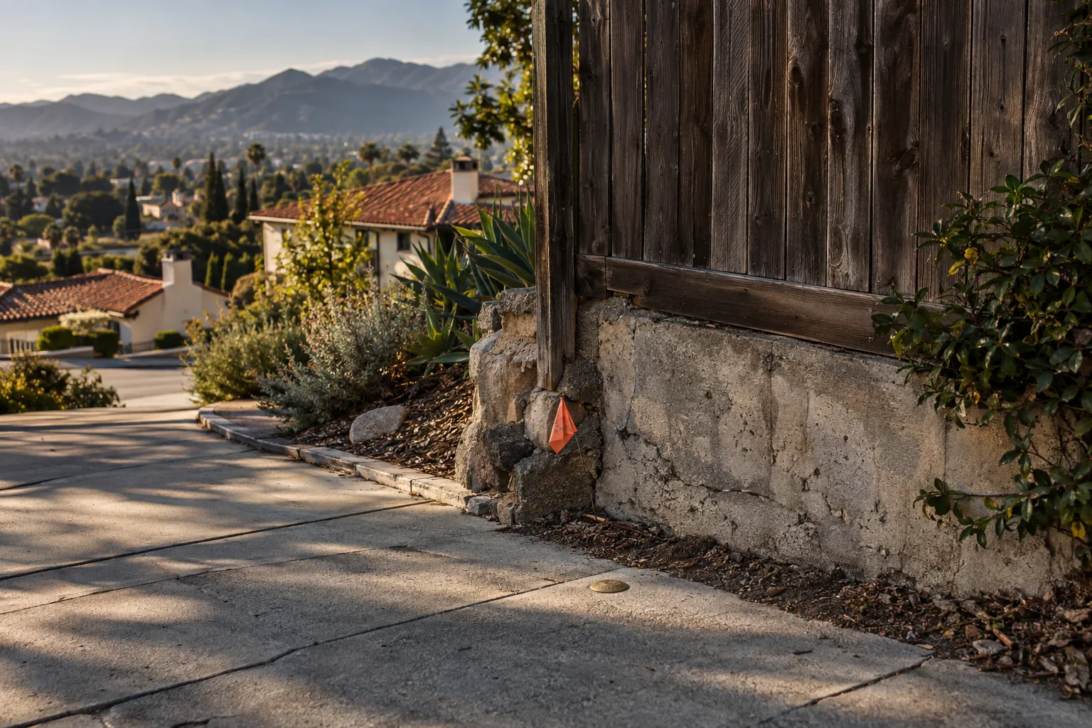 Weathered fence and cracked retaining wall at a property line on a Glendale hillside, with a surveyor's flag and brass survey marker in the sidewalk
