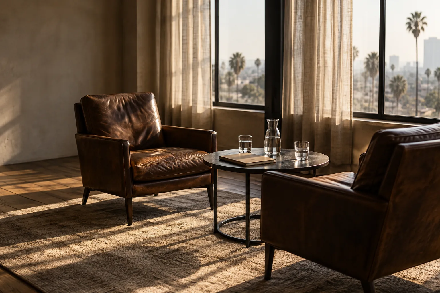 Two leather armchairs facing each other across a small round table with a water carafe and a closed folder, in a sunlit room overlooking Los Angeles